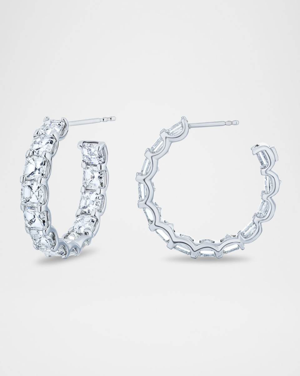 18K White Gold Asscher-Cut Diamond Hoop Earrings, 1"Dia., 11.70tcw